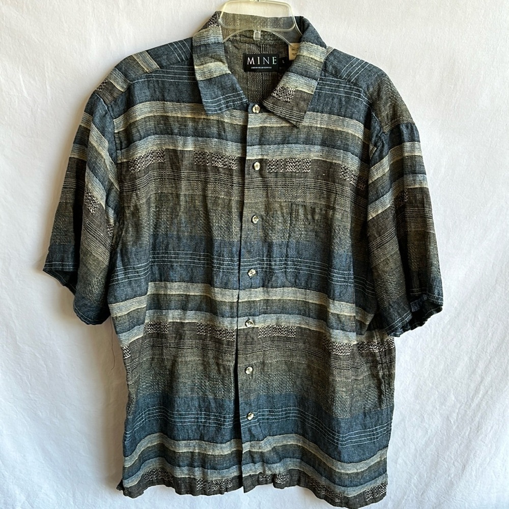 MINE striped short sleeve button down linen shirt, size L